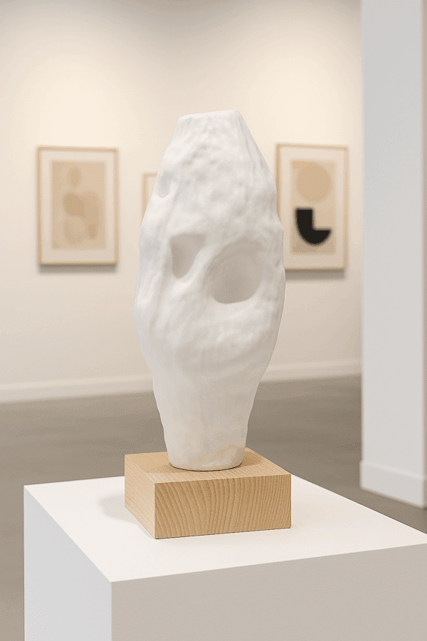 Hvid Keramik Skulptur på egetræsfod