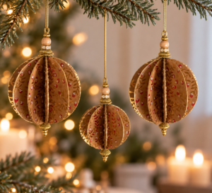 Håndlavede juleophæng med perler og glimmer i gyldne nuancer, designet af Karina Geronne.