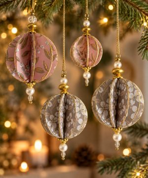 Håndlavede juleophæng med perler og glimmer i rosa og grå nuancer med gyldne detaljer af Karina Geronne.