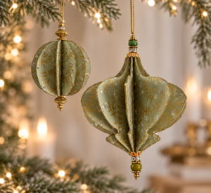 Håndlavet juleophæng i grøn og guld med glimmer, dekorative perler og tredimensionelt design af Karina Geronne.