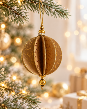 Håndlavet juleophæng i brun og guld med dekorative mønstre, perler og glimmer, skabt af Karina Geronne.