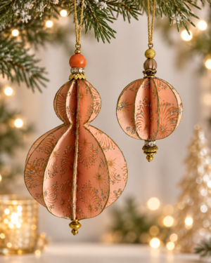 Håndlavet juleophæng i rosa og guld med glimmer, dekorative perler og elegant aflang form fra Karina Geronne.