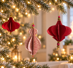 Håndlavet juleophæng i rød med glimmer og guldfarvede detaljer af Karina Geronne.