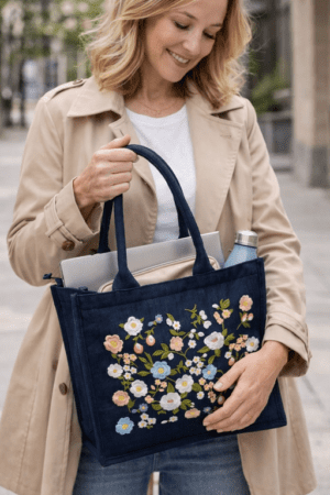 Boheme taske blå med kornblomst broderi til Ipad, MacBook eller hvad du lige skal have med