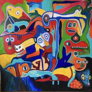 Farverigt abstrakt akrylmaleri med dyr af Annette Majgaard &ndash; 90 x 90 cm