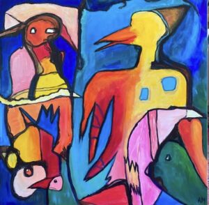 Farverigt abstrakt fuglemaleri i akryl af Annette Majgaard 90 x 90 cm