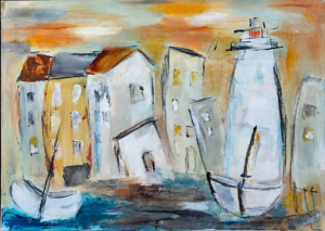 Akrylmaleri Lighthouse med fyrtårn, hyggelige havnehuse og sejlbåde i blå, orange og varme gyldne nuancer.