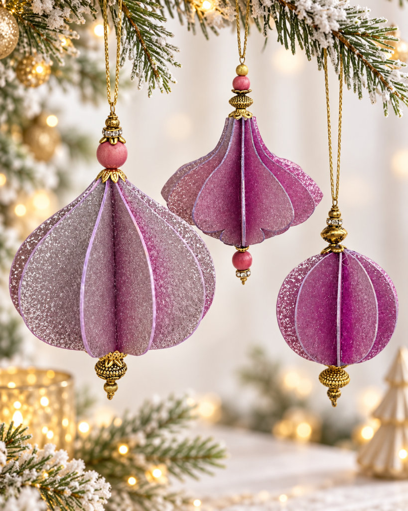 Håndlavet juleophæng i lilla og rosa med glimmer, perler og guldfarvede detaljer.