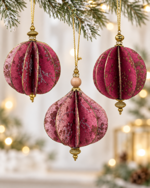 Håndlavet juleophæng i pink og bordeaux med glimmer, guldkanter og dekorative perler.